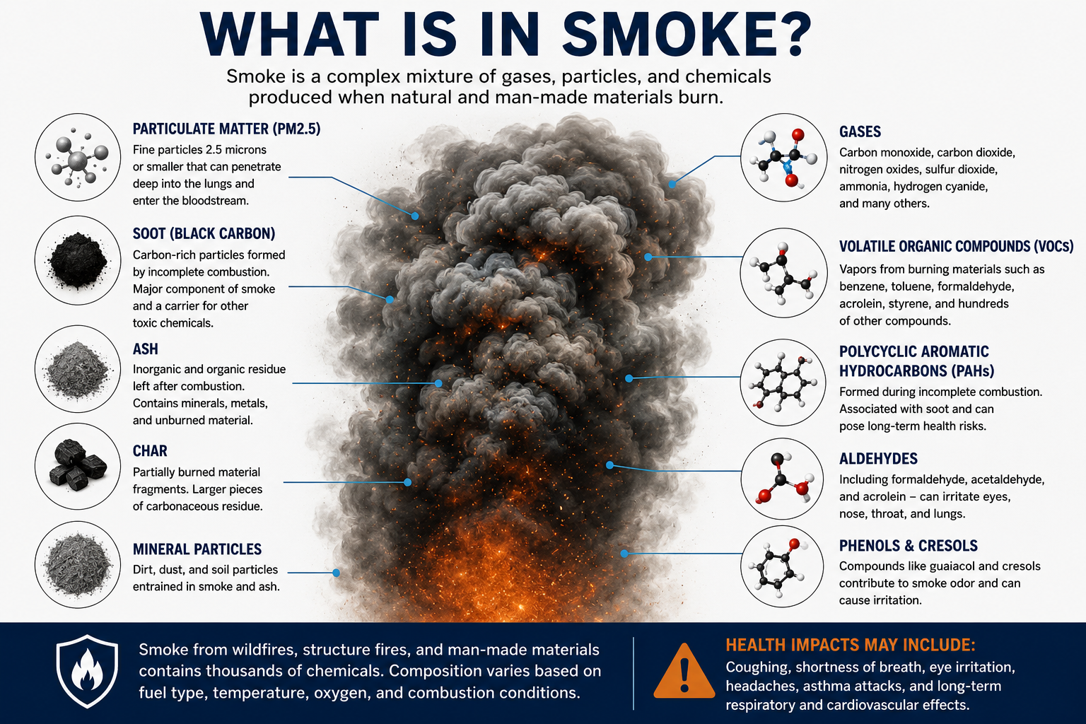Infographic thumbnail: what is in smoke — particles, gases, VOCs, PAHs